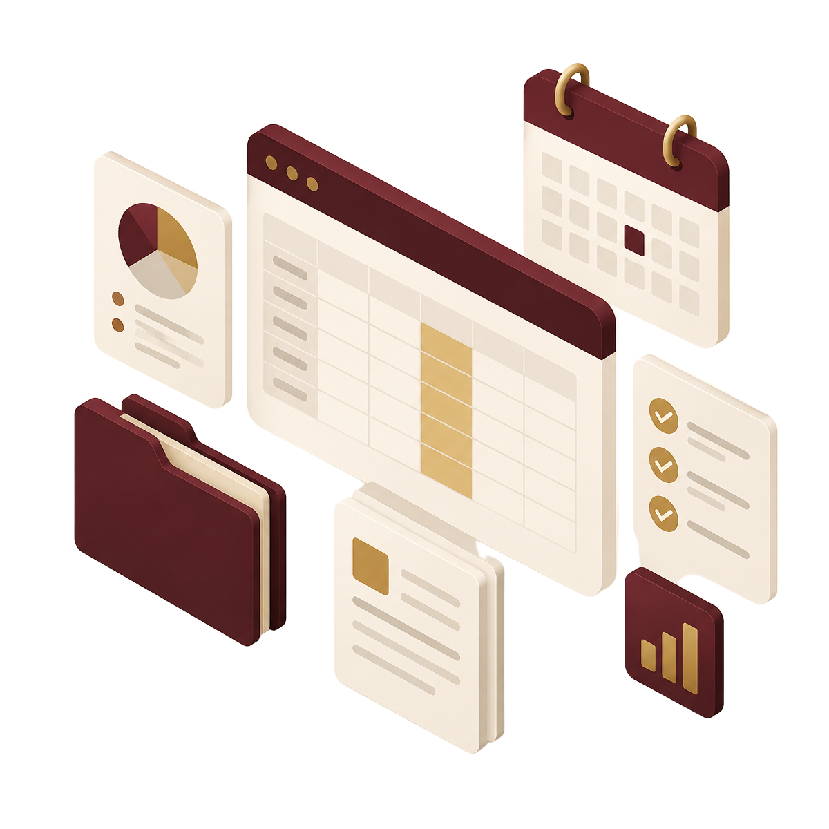Illustration of spreadsheets, documents, folders and calendar tools